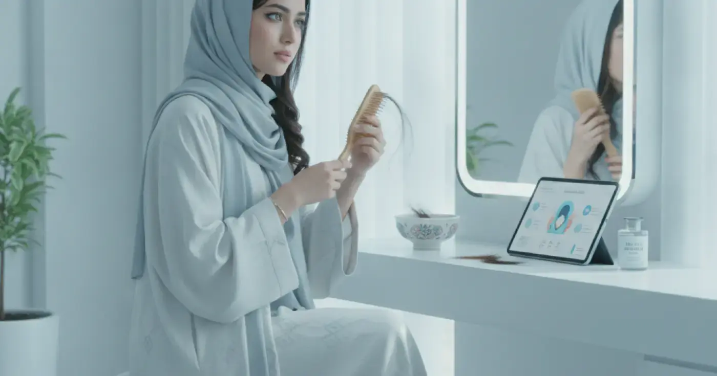 A new mother gently brushing her hair in front of a mirror