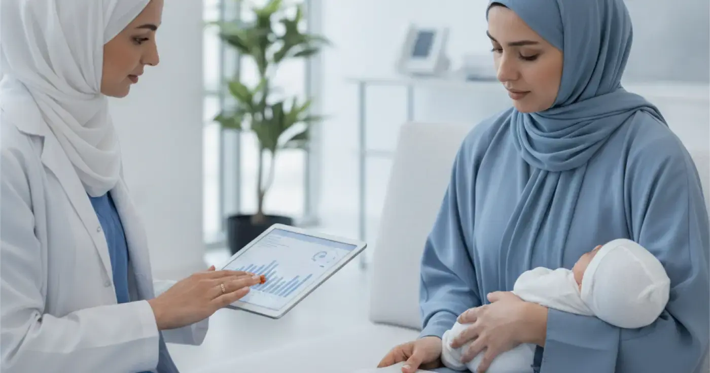 A female doctor discussing a mental health assessment with a new mother in a clinic in Saudi Arabia