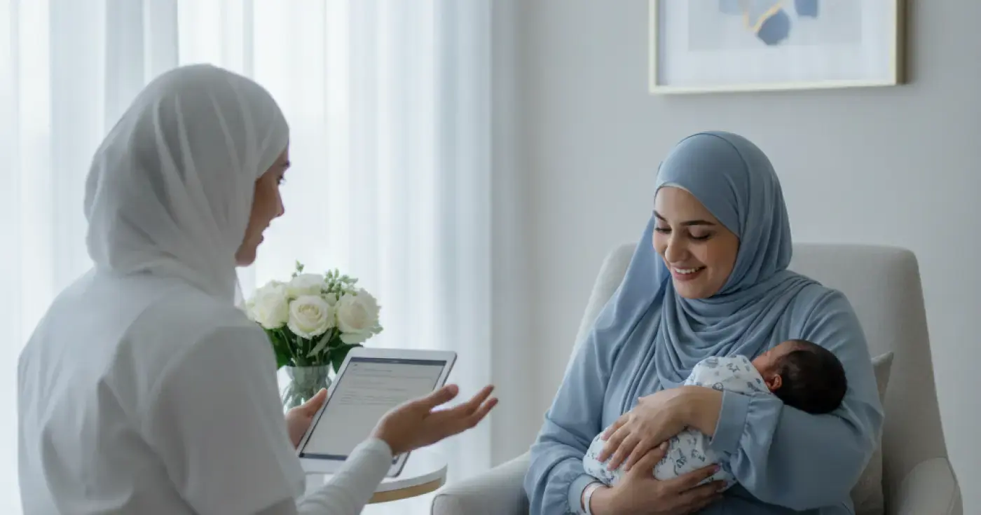 A mother smiling warmly while holding her newborn baby during postpartum recovery