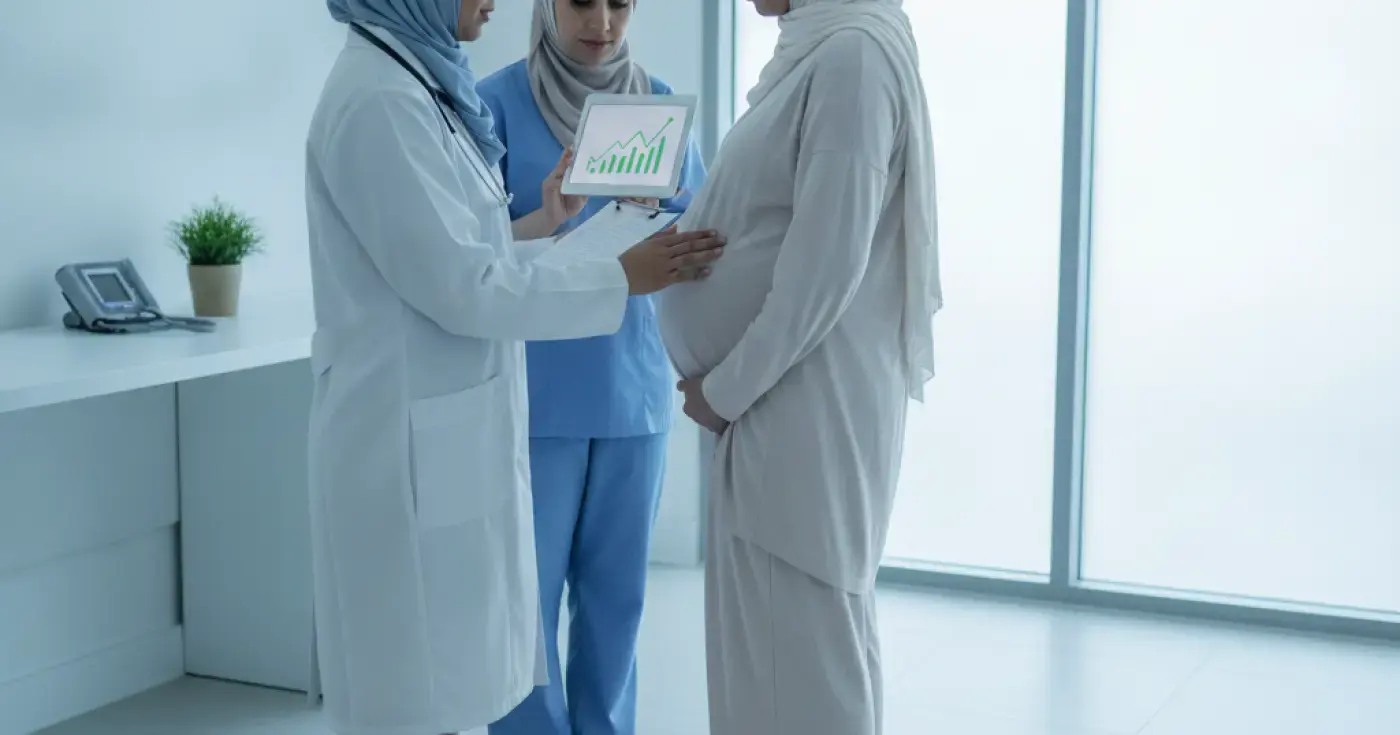 A doctor measuring a pregnant woman's weight in a clinical setting
