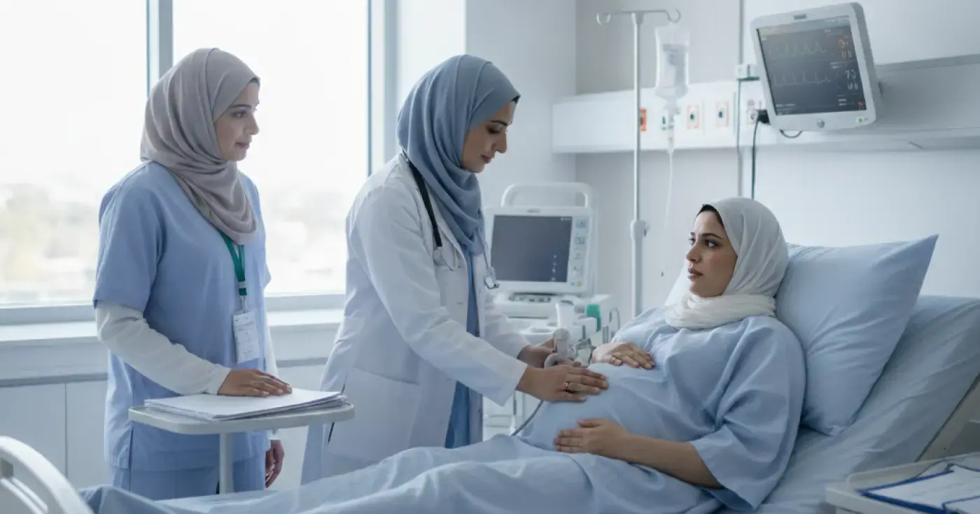 A doctor examining a pregnant woman's abdomen to monitor contractions and ensure fetal safety