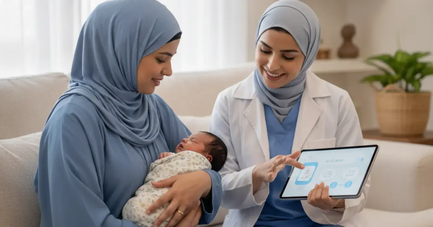 A Saudi mother tenderly holding her newborn baby in a warm, supportive home environment representing postpartum recovery and mental well-being