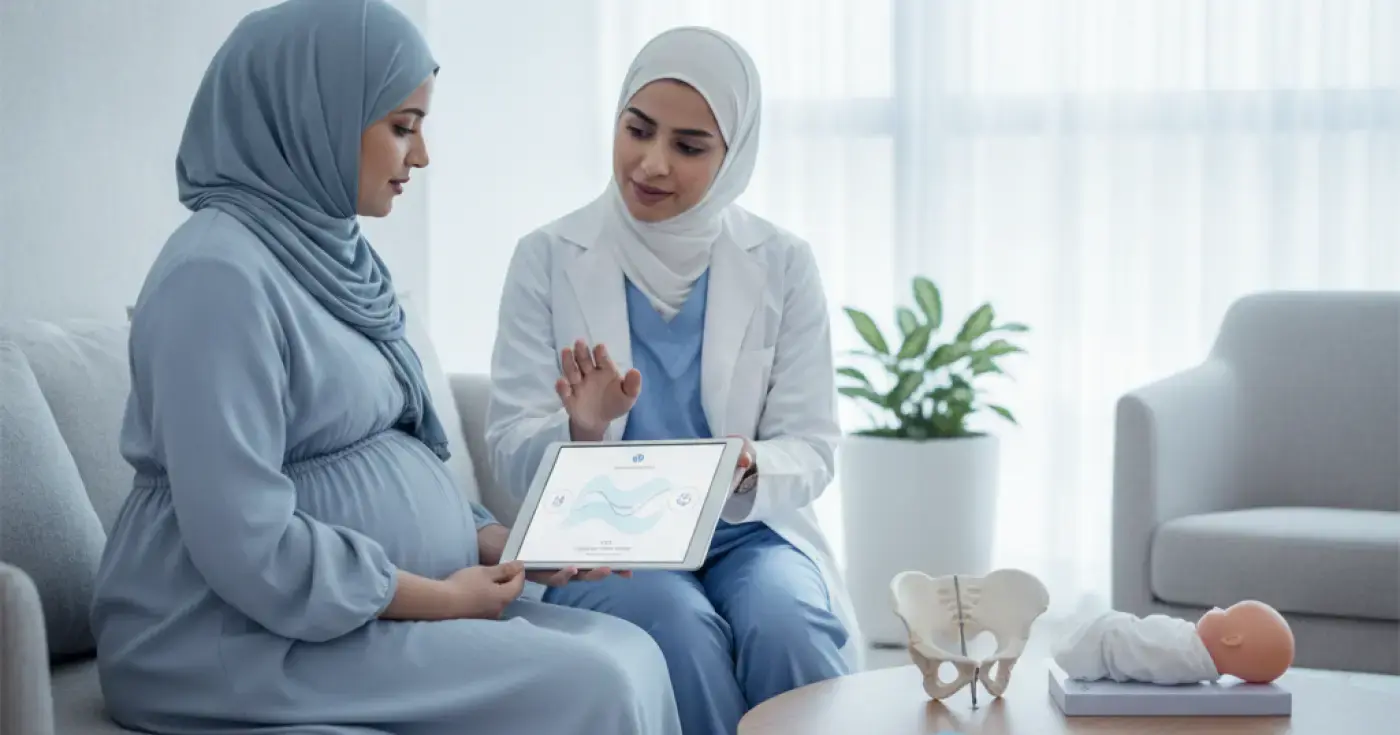 Pregnant woman preparing for labor and learning about childbirth stages