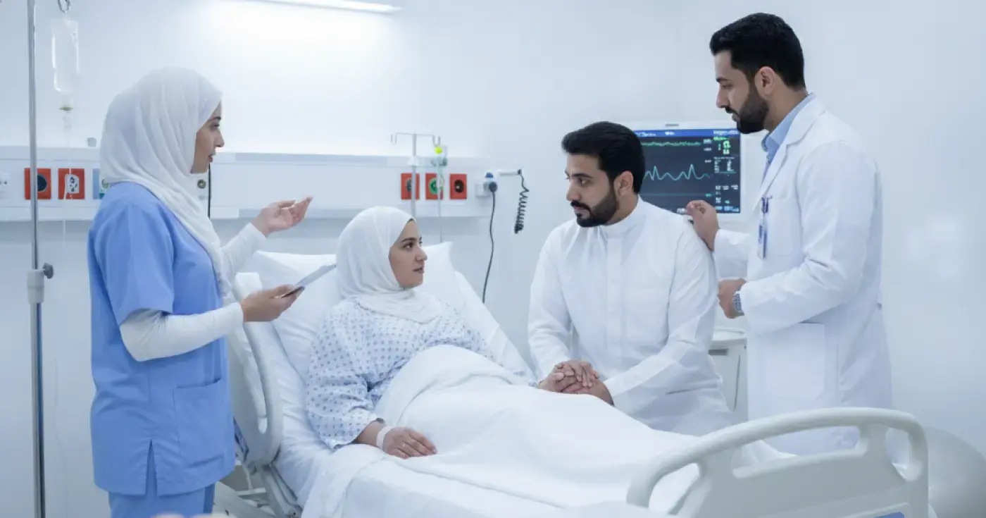 Conceptual image showing medical care and support for a mother during labor in a hospital setting