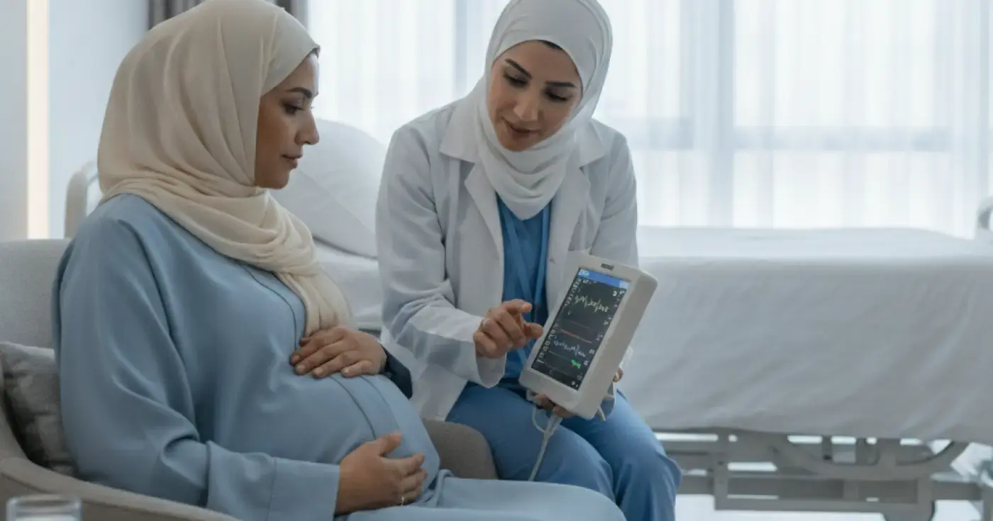 An expectant mother monitoring her contractions and preparing for labor