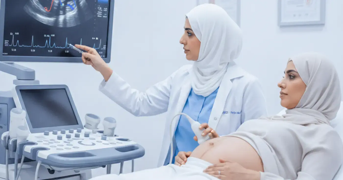 Obstetrician performing an umbilical cord Doppler ultrasound on a pregnant woman to monitor fetal blood flow
