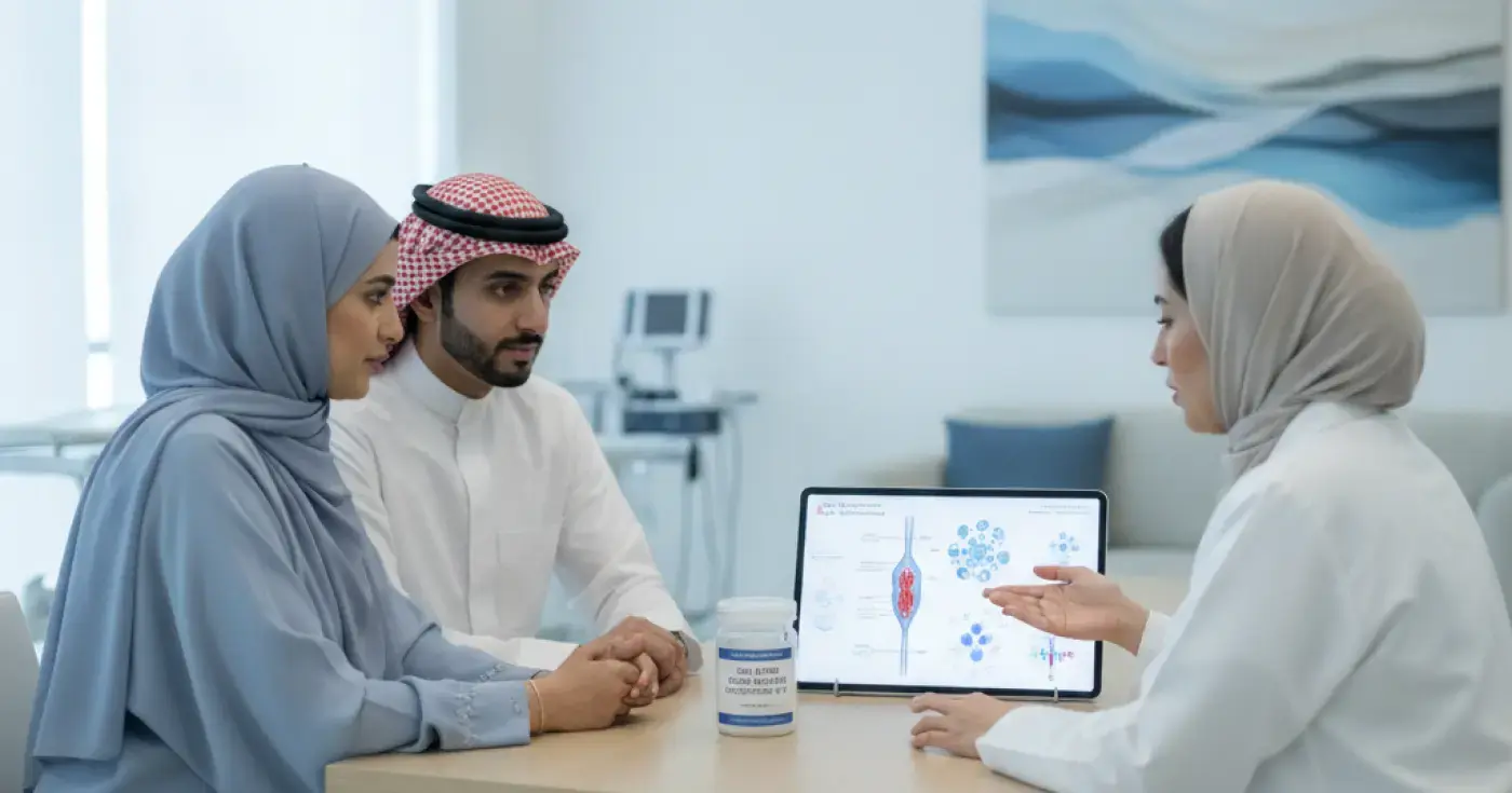 A doctor explaining cord blood banking to an expectant couple during a clinical consultation