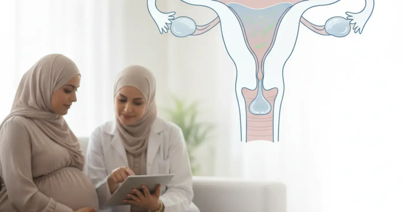 Medical illustration showing the mucus plug and amniotic fluid surrounding the fetus in the uterus