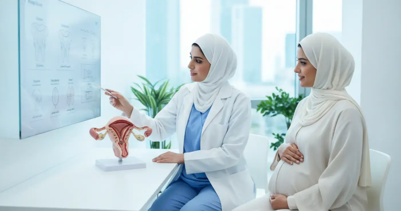 A doctor explaining cervical dilation and labor stages to a pregnant patient using an anatomical model in a clinic