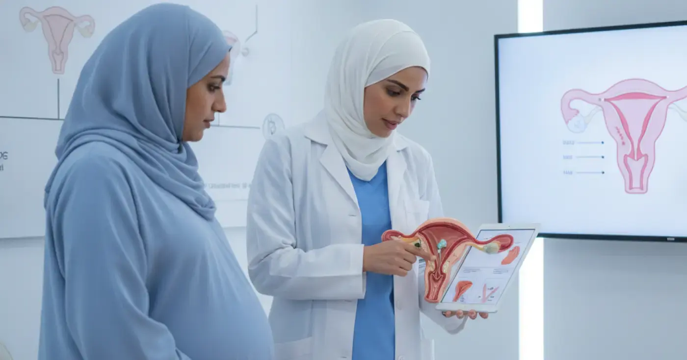 An obstetrician explaining VBAC safety criteria to a pregnant woman using an anatomical model of the uterus