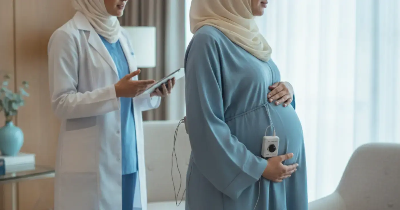 A pregnant woman using a TENS machine for back pain relief during early labor in a comfortable setting