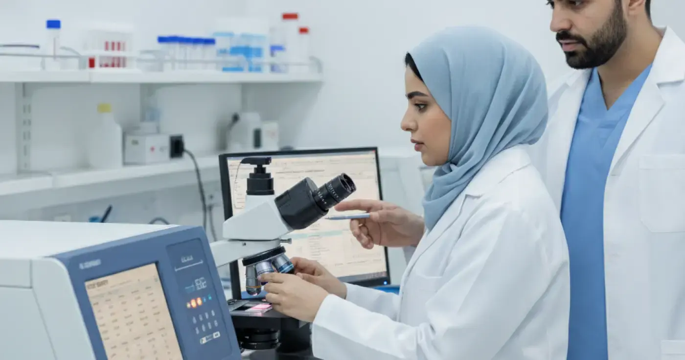 طبيبة في مختبر طبي تقوم بفحص عينة دم لتحليل صورة الدم الكاملة CBC في السعودية