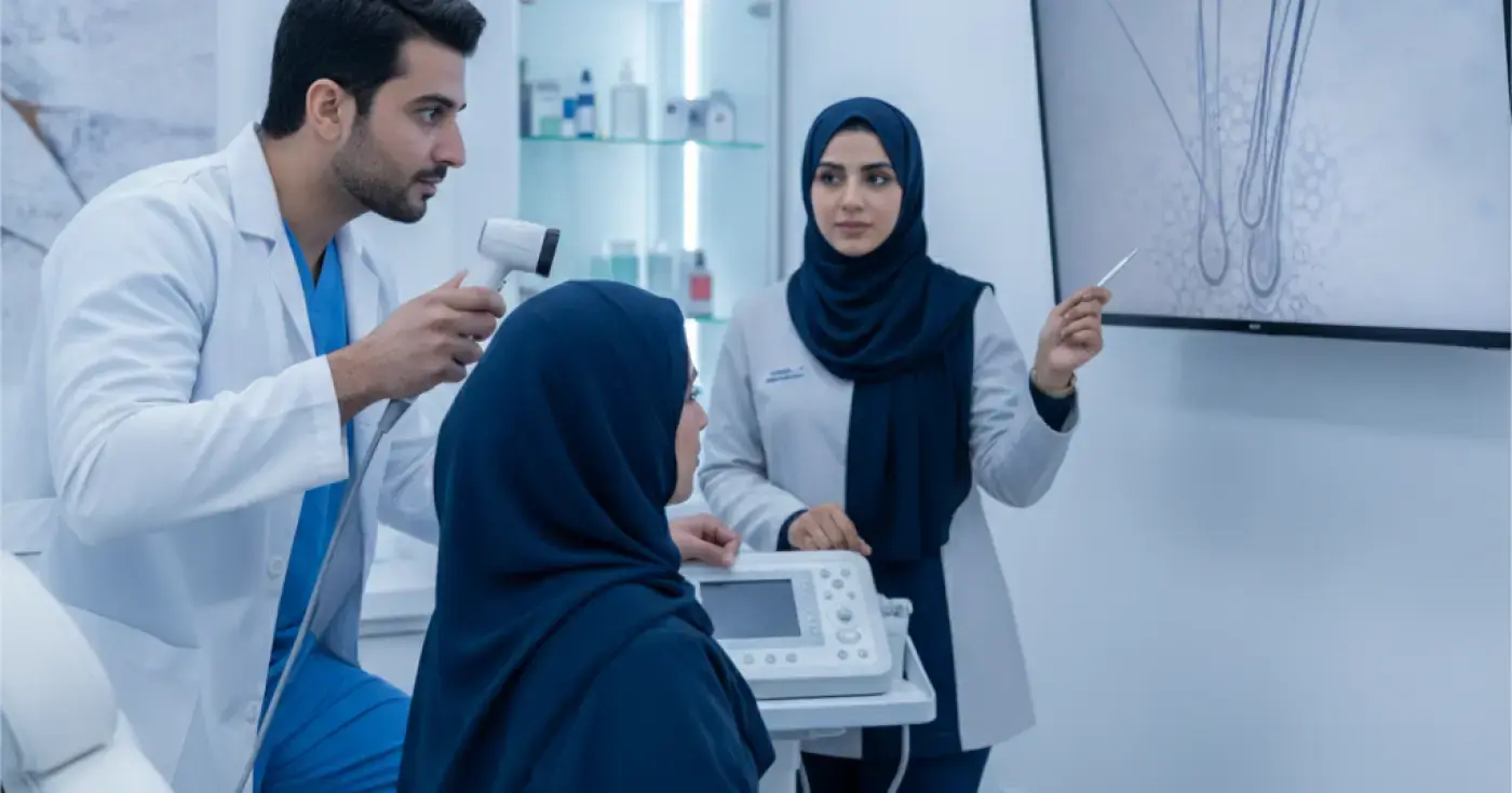 فحص فروة الرأس بالمجهر: دليل شامل لتشخيص تساقط الشعر والالتهابات