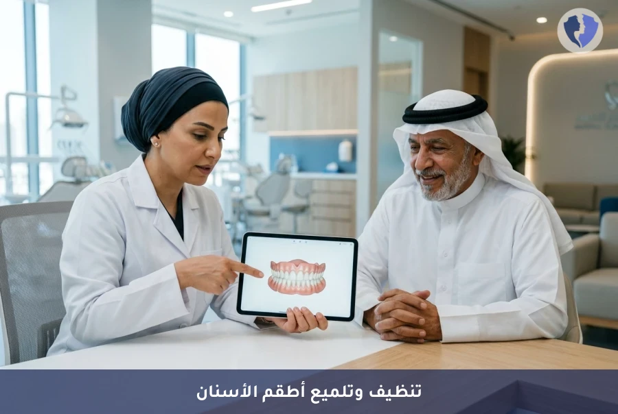 ابتسامة مشرقة بطقم أسنان نظيف - جلسة تنظيف وتلميع أطقم الأسنان الاحترافية
