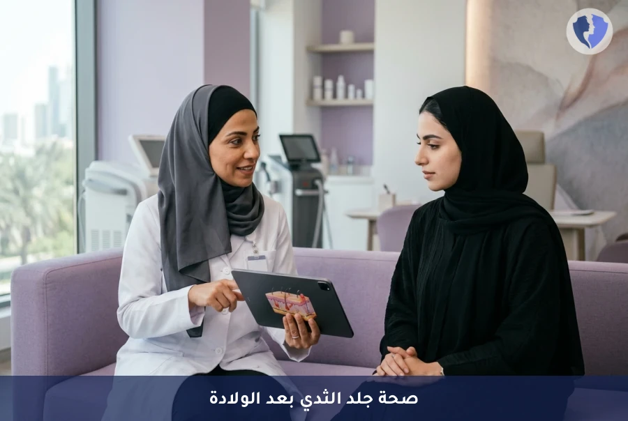 رعاية مثالية لجلد الثدي بعد الولادة - فحص التغيرات الجلدية وهالة الثدي بعد الولادة